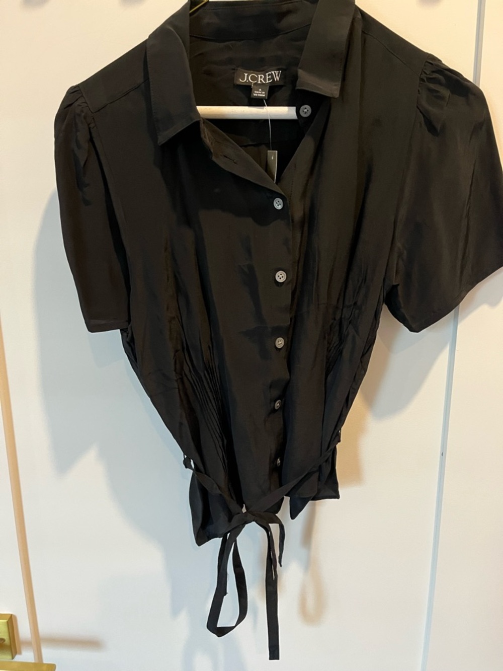 J. Crew Black Short-Sleeve Button-Front Tie-Waist Shirt